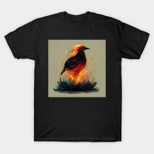 Flame burning bird standing on a blue fire lotus T-Shirt